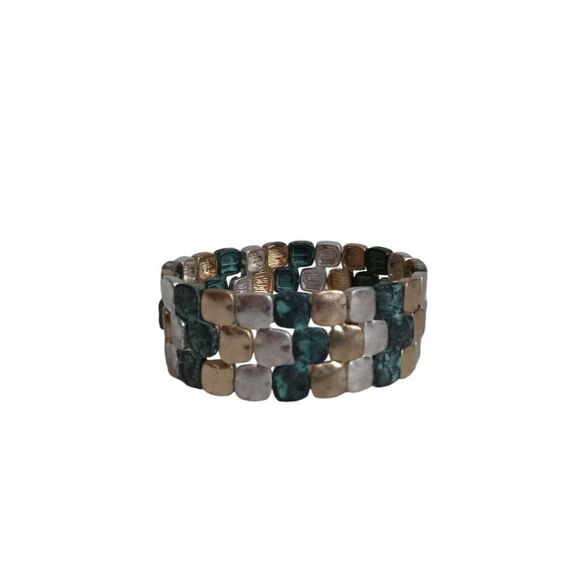 Gold & Silver Toned Patina Green Mosaic Metal Squares Stretchy Elastic Bracelet - Picture 1 of 8